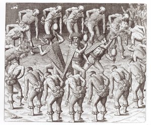 ヨハネスレリイのカライベインディアンのアカウント、「アメリカ大陸」、1593年、テオドール・ド・ブライ（1525-75）によって書かれて彫刻された 作： Jacques Le Moyne